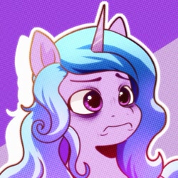 Size: 1077x1077 | Tagged: safe, artist:makaryo, izzy moonbow, pony, unicorn, g5, bags under eyes, bust, female, frown, izzy moodbow, mare, outline, solo, white outline