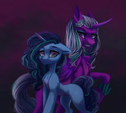 Size: 2411x2160 | Tagged: safe, artist:maybeweed, misty brightdawn, opaline arcana, alicorn, pony, unicorn, g5, spoiler:g5, spoiler:my little pony: make your mark, chest fluff, colored pupils, curly mane, curved horn, dark, digital art, duo, duo female, eyelashes, feather, female, folded wings, green eyes, grin, high res, hoof shoes, horn, mare, purple background, raised hoof, signature, simple background, smiling, teeth, white mane, wings