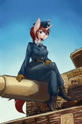 Size: 1269x1920 | Tagged: safe, artist:龙宠, oc, oc:stowe finberg, unicorn, anthro, boots, cap, clothes, gloves, hat, military, military pony, military uniform, shoes, sitting, tank (vehicle), tiger (tank), uniform