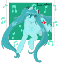 Size: 514x575 | Tagged: safe, artist:luna_mcboss, earth pony, pony, anime, blue background, blue coat, blue eyes, blue mane, blushing, female, hair tie, hatsune miku, jumping, long hair, music, music notes, pigtails, ponified, simple background, solo, transparent background, twintails, vocaloid