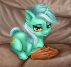 Size: 1364x1280 | Tagged: safe, artist:polnocnykot, lyra heartstrings, pony, unicorn, g4, couch, disembodied hand, hand, meme, rubber, solo, that pony sure does love hands
