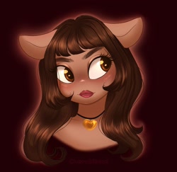 Size: 2048x1992 | Tagged: safe, artist:cherubisous, earth pony, anthro, brown background, bust, enya umanzor, equine, female, jewelry, lipstick, looking away, mare, necklace, ponified, simple background, solo