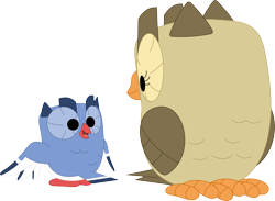 Size: 3557x2609 | Tagged: safe, artist:porygon2z, owlowiscious, oc, oc:kaizu, bird, owl, g4, duo, female, high res, male, open mouth, simple background, transparent background