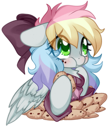 Size: 832x961 | Tagged: safe, artist:loyaldis, oc, oc only, oc:blazey sketch, pegasus, pony, blushing, bow, chest fluff, clothes, cookie, eating, embarrassed, food, green eyes, grey fur, hair bow, long mane, multicolored hair, pegasus oc, simple background, small wings, solo, sweater, transparent background, wings
