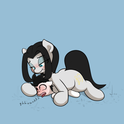 Size: 2349x2349 | Tagged: safe, artist:vipy, oc, oc:klavinova, oc:vipy, earth pony, pony, female, high res, male, size difference, smol, suffocating, tongue out