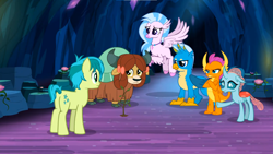 Size: 1600x900 | Tagged: safe, screencap, gallus, ocellus, sandbar, silverstream, smolder, yona, changedling, changeling, classical hippogriff, dragon, earth pony, griffon, hippogriff, pony, yak, g4, uprooted, butt, cloven hooves, colored hooves, crossed arms, gallus is not amused, jewelry, necklace, plot, smolder is not amused, student six, unamused