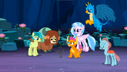 Size: 1600x900 | Tagged: safe, screencap, gallus, ocellus, sandbar, silverstream, smolder, yona, changedling, changeling, classical hippogriff, dragon, earth pony, griffon, hippogriff, pony, yak, g4, uprooted, bow, cloven hooves, colored hooves, eyes closed, hair bow, jewelry, kneeling, monkey swings, necklace, raised eyebrow, student six