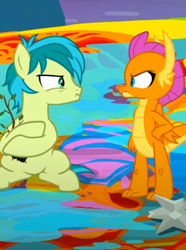 Size: 401x539 | Tagged: safe, screencap, sandbar, smolder, dragon, earth pony, pony, g4, uprooted, angry, cropped, dragoness, duo, female, hand on hip, looking at each other, looking at someone, male