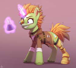 Size: 2108x1900 | Tagged: safe, artist:luminousdazzle, oc, oc only, oc:juniper, pony, unicorn, amputee, beaker, clothes, cog, erlenmeyer flask, female, flask, glowing, glowing horn, grin, horn, insanity, mad scientist, magic, mare, messy mane, potion, prosthetic eye, prosthetic leg, prosthetic limb, prosthetics, scientist, simple background, smiling, solo, steampunk, torn ear, unicorn oc, unshorn fetlocks