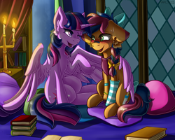 Size: 2476x1983 | Tagged: safe, artist:yuris, twilight sparkle, oc, oc:solar comet, alicorn, pegasus, pony, g4, bed, blushing, book, bow, braid, braided tail, candelabra, candle, canon x oc, castle, clothes, commission, cupboard, curtains, disguised changedling, duo, duo female, embrace, female, floppy ears, lesbian, night, one eye closed, patch, pegasus oc, pillow, room, shipping, smiling, socks, striped socks, sweat, tail, twilight sparkle (alicorn), twilight's castle, two toned hair, wings, wink