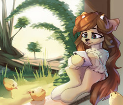Size: 3356x2883 | Tagged: safe, artist:twinkling, oc, oc only, oc:zoey, chick, high res, solo, tablet, tree