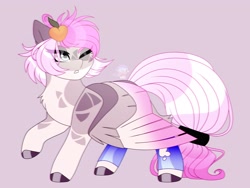 Size: 4000x3000 | Tagged: safe, artist:chromatic-sheen, oc, oc only, oc:pandita, pegasus, pony, body markings, colored wings, facial markings, female, full body, gift art, mare, multicolored wings, one eye closed, pale belly, pegasus oc, pink background, pink mane, pink tail, raised hoof, simple background, solo, standing, tail, tail wrap, wings, wings down