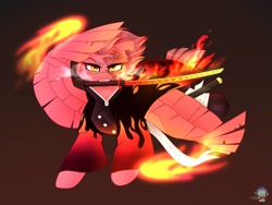 Size: 4000x3000 | Tagged: safe, artist:chromatic-sheen, oc, oc only, oc:fast fire, pegasus, pony, abstract background, clothes, demon slayer, female, fire, katana, kimono (clothing), mare, pegasus oc, solo, sword, weapon