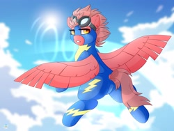 Size: 4000x3000 | Tagged: safe, artist:chromatic-sheen, oc, oc only, oc:fast fire, pegasus, pony, butt, clothes, cloud, cloudy, day, flying, goggles, goggles on head, outdoors, pegasus oc, plot, sky, solo, spread wings, uniform, wings, wonderbolts, wonderbolts uniform