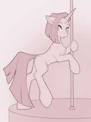 Size: 1280x1732 | Tagged: oc name needed, safe, artist:twotiedbows, oc, oc only, pony, unicorn, butt, chest fluff, floppy ears, looking at you, monochrome, plot, pole dancing, solo, stripper pole
