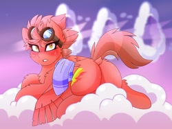 Size: 1200x900 | Tagged: safe, artist:chromatic-sheen, oc, oc only, oc:fast fire, pegasus, pony, butt, cloud, cloudy, goggles, goggles on head, looking at you, lying down, night, outdoors, pegasus oc, plot, solo, towel