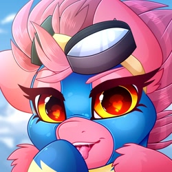 Size: 1200x1200 | Tagged: safe, artist:chromatic-sheen, oc, oc only, oc:fast fire, pegasus, pony, bust, clothes, cloud, goggles, goggles on head, heart, heart eyes, licking, looking at you, open mouth, outdoors, pegasus oc, sky, solo, tongue out, uniform, wing fluff, wingding eyes, wings, wonderbolts, wonderbolts uniform