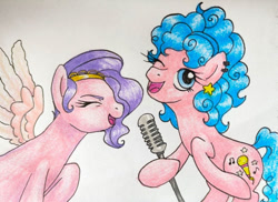 Size: 1091x795 | Tagged: safe, artist:mintytreble, melody, pipp petals, earth pony, pegasus, pony, g1, g5, my little pony tales, my little pony: a new generation, ear piercing, earring, jewelry, microphone, piercing, singing, traditional art