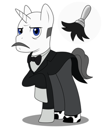 Size: 2160x2650 | Tagged: safe, artist:metal-jacket444, pony, unicorn, alfred pennyworth, batman, bowtie, clothes, cutie mark, dc comics, duster, facial hair, frock coat, high res, male, moustache, ponified, shirt, simple background, solo, spats, white background
