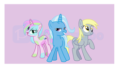 Size: 9000x5128 | Tagged: safe, artist:milkyboo898, derpy hooves, trixie, oc, oc:fresh paint, pegasus, pony, unicorn, g4, trio, watermark