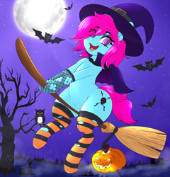 Size: 4800x5000 | Tagged: safe, artist:queenkittyok, artist:tatemil, oc, oc only, oc:skye galaxy, bat, bird, owl, pony, broom, clothes, flying, flying broomstick, halloween, hat, holiday, moon, pumpkin, socks, solo, striped socks, thigh highs, tree, witch hat