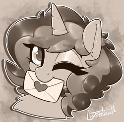 Size: 1090x1078 | Tagged: safe, artist:llametsul, oc, oc only, oc:creme cookie, pony, unicorn, cute, female, looking at you, mare, monochrome, mouth hold, one eye closed, solo, wink, winking at you