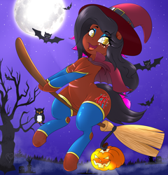 Size: 4800x5000 | Tagged: safe, alternate character, alternate version, artist:queenkittyok, artist:tatemil, oc, oc only, oc:lux, bat, bird, owl, pony, broom, clothes, flying, flying broomstick, halloween, holiday, moon, pumpkin, socks, solo, thigh highs, tree
