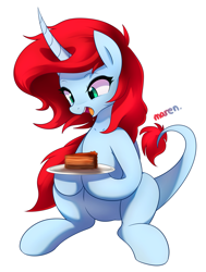 Size: 3021x3996 | Tagged: safe, artist:maren, oc, oc only, dracony, dragon, hybrid, pony, unicorn, 2020, cake, commission, curved horn, drool, food, high res, horn, old art, open mouth, plate, simple background, sitting, solo, white background