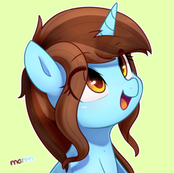 Size: 3600x3587 | Tagged: safe, artist:maren, oc, oc only, pony, unicorn, 2020, bangs, bust, commission, eye clipping through hair, female, high res, looking up, mare, old art, open mouth, open smile, outline, simple background, sitting, smiling, solo