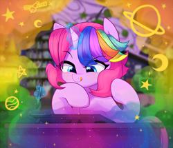 Size: 3516x3025 | Tagged: safe, artist:maren, oc, oc only, oc:techy twinkle, pony, unicorn, 2020, :q, commission, drawing tablet, high res, imagination, magic, multicolored mane, old art, raised eyebrow, solo, telekinesis, tongue out