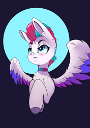 Size: 2480x3508 | Tagged: safe, artist:i love hurt, zipp storm, pegasus, pony, g5, black background, bust, chest fluff, choker, colored, colored hooves, ear fluff, female, high res, looking away, looking up, mare, nimbus, simple background, solo, spread wings, three quarter view, wings