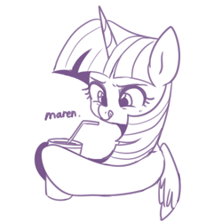 Size: 3800x3800 | Tagged: safe, artist:maren, twilight sparkle, alicorn, pony, g4, 2020, bust, cup, doodle, drinking straw, high res, hoof hold, licking, licking lips, monochrome, old art, solo, tongue out, twilight sparkle (alicorn)
