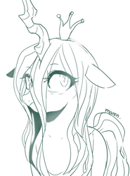 Size: 2810x3800 | Tagged: safe, artist:maren, queen chrysalis, changeling, changeling queen, g4, 2020, :/, crown, doodle, female, floppy ears, high res, jewelry, monochrome, old art, regalia, solo, unamused