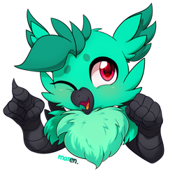 Size: 2945x2869 | Tagged: safe, artist:maren, oc, oc only, oc:baja, griffon, 2020, bust, chest fluff, griffon oc, high res, old art, one eye closed, open mouth, pointing, simple background, solo, white background, wink