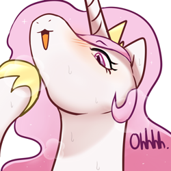 Size: 2600x2600 | Tagged: safe, artist:maren, princess celestia, alicorn, pony, princess molestia, g4, 2020, :3, blushing, bust, high res, hoof on chin, old art, open mouth, portrait, solo, sweat