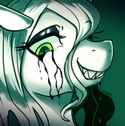 Size: 2577x2600 | Tagged: safe, artist:maren, queen chrysalis, changeling, changeling queen, g4, 2020, bust, crying, doodle, female, grin, high res, makeup, old art, portrait, running makeup, smiling, solo, toothy grin