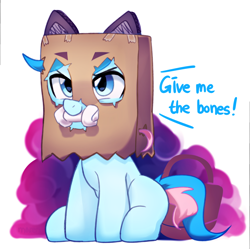 Size: 2400x2386 | Tagged: safe, artist:maren, oc, oc only, oc:blue chewings, earth pony, pony, 2020, bag, cat ears, clothes, colt, costume, cute, foal, high res, male, nightmare night costume, old art, paper bag, simple background, sitting, solo, white background