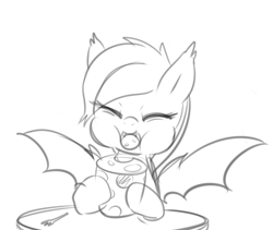 Size: 982x827 | Tagged: safe, artist:maren, oc, oc only, oc:echo, bat pony, pony, 2013, cheese, doodle, eating, eyes closed, fangs, food, monochrome, old art, solo, spread wings, table, wings