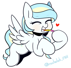 Size: 814x787 | Tagged: safe, artist:maren, oc, oc only, oc:sky sherbet, pegasus, pony, 2015, blushing, candy, eyes closed, female, food, grin, heart, licorice, mare, old art, pixiv, simple background, smiling, solo, spread wings, white background, wings