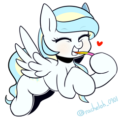 Size: 814x787 | Tagged: safe, artist:maren, oc, oc only, oc:sky sherbet, pegasus, pony, 2015, blushing, candy, eyes closed, female, food, grin, heart, licorice, mare, old art, simple background, smiling, solo, spread wings, white background, wings