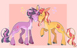Size: 1280x793 | Tagged: safe, artist:wanderingpegasus, sci-twi, sunset shimmer, twilight sparkle, classical unicorn, pony, unicorn, g4, blushing, chest fluff, cloven hooves, cute, duo, equestria girls ponified, female, glasses, horn, leonine tail, lesbian, looking at each other, looking at someone, markings, ponified, raised hoof, redesign, shimmerbetes, ship:sci-twishimmer, ship:sunsetsparkle, shipping, twiabetes, unshorn fetlocks
