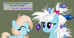 Size: 3726x1905 | Tagged: safe, artist:feather_bloom, oc, oc:feather bloom(fb), oc:feather_bloom, oc:hazel_nut, pegasus, pony, g4, base used, bow, duo, female, filly, foal, gem, gemstones, happy, messy mane, mother and child, mother and daughter, oblivious, simple background, upset