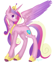 Size: 1730x1960 | Tagged: safe, artist:4agonism, princess cadance, alicorn, pony, g4, bust, cheek fluff, chest fluff, colored wings, crown, ear fluff, female, full body, horn, jewelry, lineless, looking at you, mare, portrait, regalia, shoulder fluff, simple background, smiling, solo, spread wings, two toned wings, watermark, white background, wings