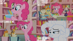 Size: 4400x2475 | Tagged: safe, edit, edited screencap, editor:quoterific, screencap, pinkie pie, pound cake, pumpkin cake, earth pony, pegasus, pony, unicorn, baby cakes, g4, season 2, ^^, baby, baby pony, bipedal, cake twins, candy, colt, diaper, eyes closed, female, filly, floppy ears, flour, foal, food, male, mare, siblings, smiling, sugarcube corner, twins
