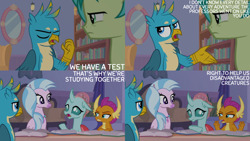 Size: 4400x2475 | Tagged: safe, edit, edited screencap, editor:quoterific, screencap, gallus, ocellus, sandbar, silverstream, smolder, classical hippogriff, griffon, hippogriff, g4, my little pony: friendship is magic, what lies beneath, book, bookshelf