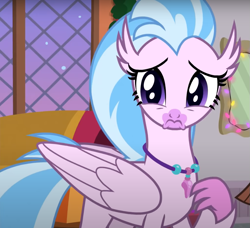 Size: 853x778 | Tagged: safe, screencap, silverstream, classical hippogriff, hippogriff, g4, the hearth's warming club, cropped, cute, diastreamies, jewelry, necklace, sad, sadorable, solo