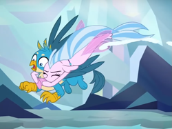 Size: 751x561 | Tagged: safe, screencap, gallus, silverstream, griffon, seapony (g4), g4, what lies beneath, cropped, duo, seapony silverstream, silverstream hugs gallus, tackle hug