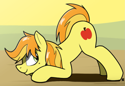 Size: 1319x907 | Tagged: safe, artist:sefastpone, braeburn, earth pony, pony, g4, digital art, face down ass up, looking back, male, presenting, raised tail, stallion, tail