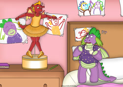 Size: 1024x724 | Tagged: safe, artist:sparkbolt3020, garble, princess ember, spike, dragon, g4, barb, bedroom, clothes, commission, drawing, embarrassed, garbledina, nightgown, plushie, post-transformation, rule 63, shocked, shocked expression, tutu, wind up key