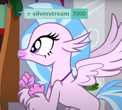 Size: 743x673 | Tagged: safe, edit, edited screencap, screencap, silverstream, classical hippogriff, hippogriff, derpibooru, g4, the hearth's warming club, 7000, cropped, cute, diastreamies, excited, jewelry, meta, necklace, solo, tags